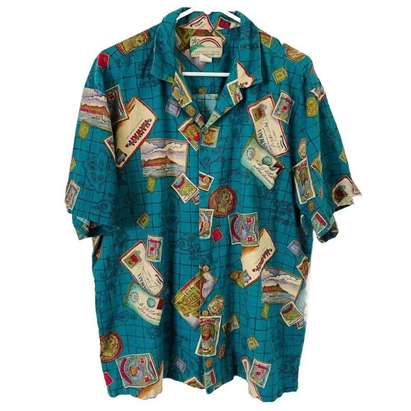 Vintage Paradise Found Hawaiian Shirt Mens XL Blue Postcards Coins Stamps Island - Picture 1 of 8